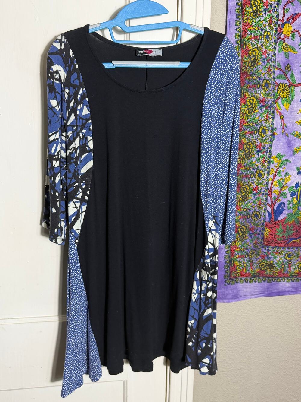 Inside Out Womens Large Tunic Top Blue Black Mixed Print 3/4 Sleeve USA Made
